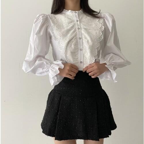 Spring Hollow Patchwork Lace Blouse Women Korean Long Puff Sleeve Fashion Ladies Shirt Solid Palace Style Button New Tops 13272