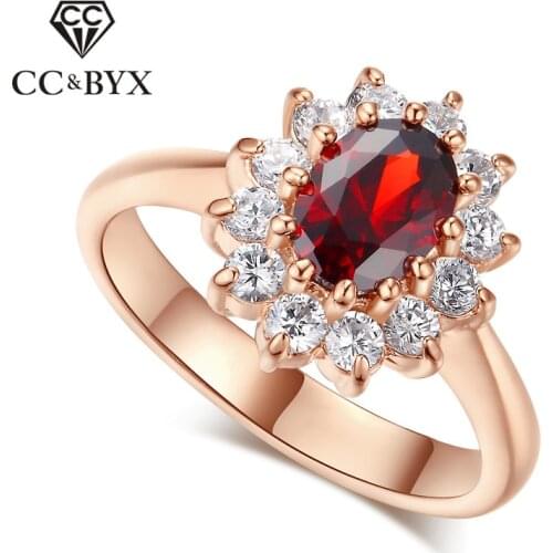 CC Jewelry Princess Diana Rings For Women Luxury Rose Gold Color Red CZ Stone Party Engagement Bijoux Bridal Wedding Ring CC625