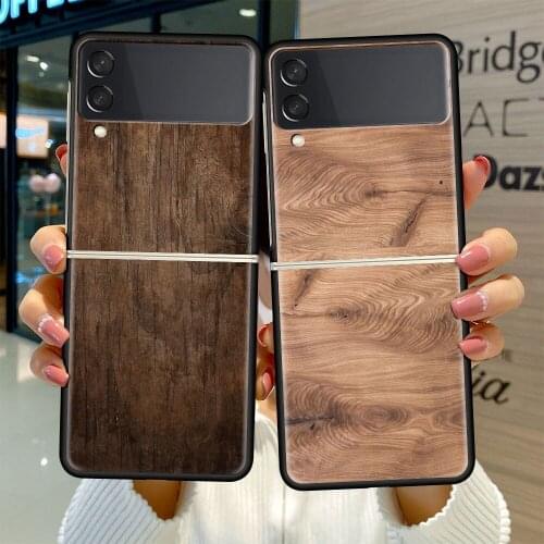 Black Hard Case For Samsung Galaxy Z Flip 3 5G Luxury PC Shockproof Phone Cover ZFlip 3 Bumper Fundas Wood Texture Art Coque Sac