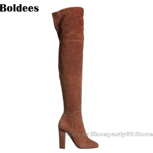 Elegant Suede Khaki Pointed Over The Knee Boots Women Winter Block Heeled Thigh High Boot Plus size 43
