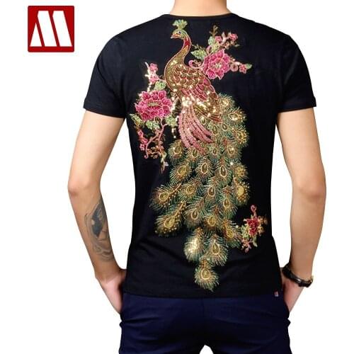 Chinese Style Embroidery Peacock Pattern Fashion Slim Short Sleeve T-shirt Summer 2021 New High Quality Cotton T shirt Men S-5XL