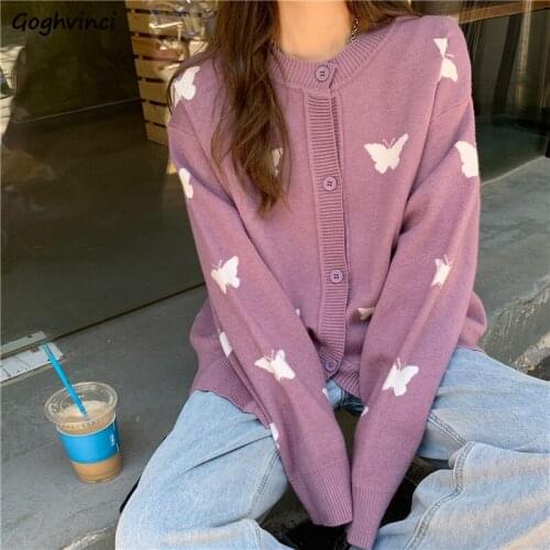 Autumn Long Sleeve Butterfly Cardigans Women Panelled Single Breasted Preppy Style Sweet Students Knitted Outwear Casual Trendy