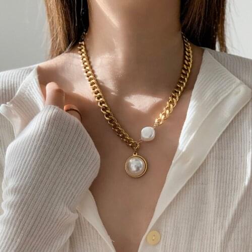 YUN RUO 2021 Titanium Steel Exaggerated Gold Thick Chain Big Pearl Necklace Womens Sweater Chain European Autumn Winter Fashion