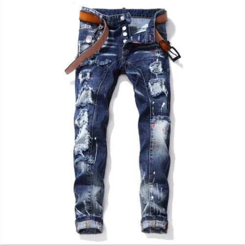 Men Jeans DSQSARED2 Pencil Pants Motorcycle Party Casual Trousers Street Clothing Denim Man Clothin patchwork jeans