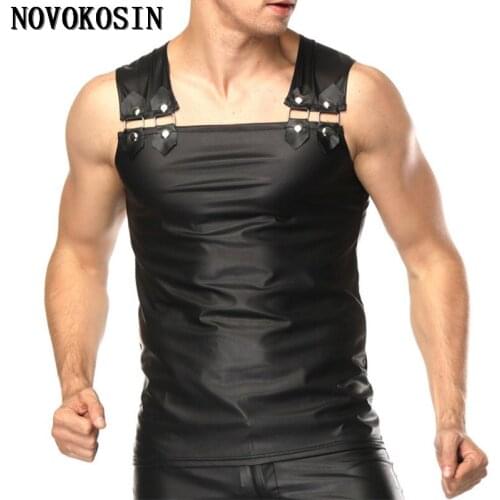 OY98 Men Faux Leather Tanks 2018 New Fashion Rivet Metal Buckle Straps Black Pullover Sleeveless High Quality Simple Tops Tee