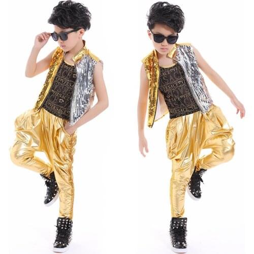 New Gold Sliver Sequins Vest Hiphop Pants Sets Boys Jazz Dance Costumes Childrens Hip Hop Clothing Stage Show Outfits DQS2797