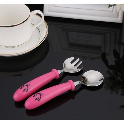 Oklady 2 Pcs Baby Spoon+ Fork Set Safety Stainless Steel Feeding Flatware Cute Kid Feeder Utensils Feed Spoon Tableware