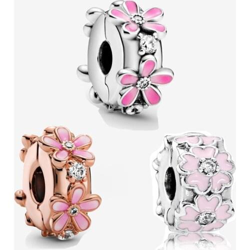 2021 New 925 Sterling Silver Pink Daisy Flower Clip Charm Fit pandora bracelet Bangle Bead DIY Jewelry Wholesale