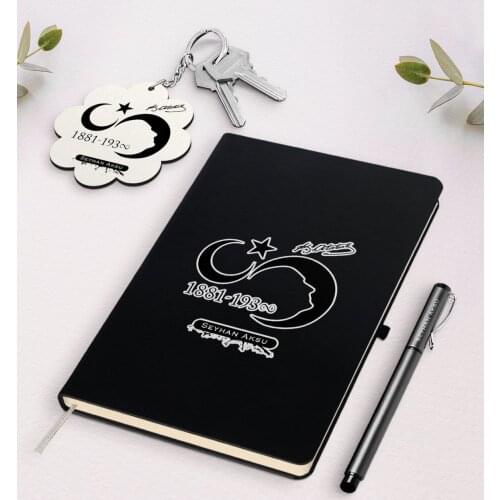 Personalized Ataturk Themed Black Notebook Pen And Keychain Gift Seti-5