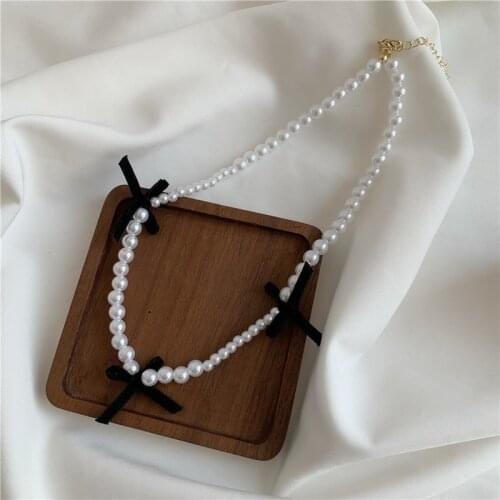 Origin Summer Korean Asymmetric Pearl Black Velour Bow-knot Pendant Necklace for Women Unique Design Party Jewelry Accessories