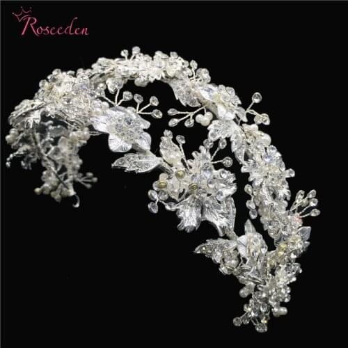 Romantic Silver Color Rhinestone Crystal Bride Hairband Flower Leaf Headband Tiaras Wedding Hair Jewelry Accessories RE3266