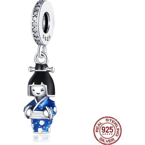Travel Charms 925 Sterling Silver Japanese Doll in Blue Kimono Dangle Charm Beads fit Pendant Pan Bracelet Necklace Jewelry