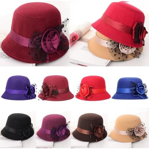 Elegant Ladies Women Imitation Wool Rose Flower Felt Hat Fall Winter Cloche Bucket Floral Cap Dome Warm Ladies Bowler