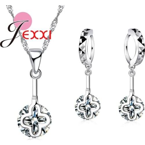 Wedding Accessories Women Jewelry Sets 925 Sterling Silver Austrian Crystal Hollow Cross Necklace Dangle Earrings