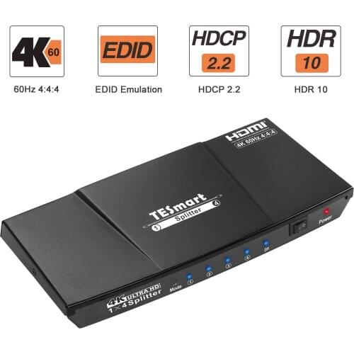 TESmart HDMI Splitter 1x4, UHD 4K@60Hz 4:4:4 Supports HDCP 2.2, 18Gbps, HDR10, Dolby Vision, Lpcm 7.1 with Smart EDID