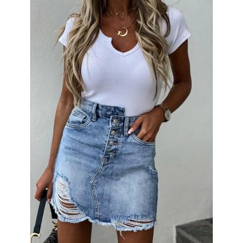 Kayotuas Women Skirt Casual Fashion Buttons Denim Short Irregular Frayed Hole Ripped Ladies Slim Tight Pencil Jean Hot Outfit