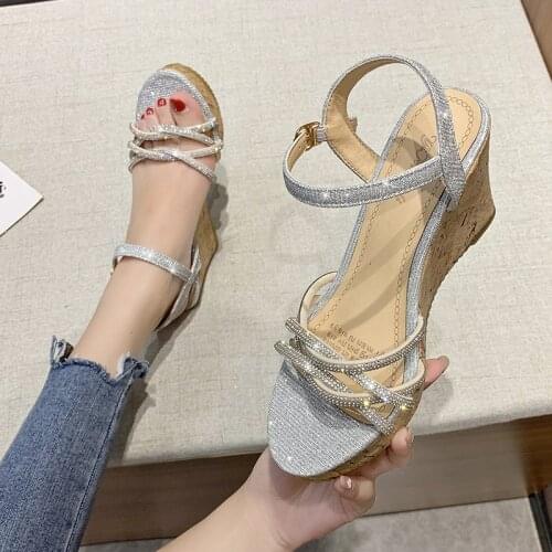 Crystal Platform Sandals Women 2021 Summer Ankle Strap Wedge Sandalias Mujer Gold Silver Party Shoes Platform Heels