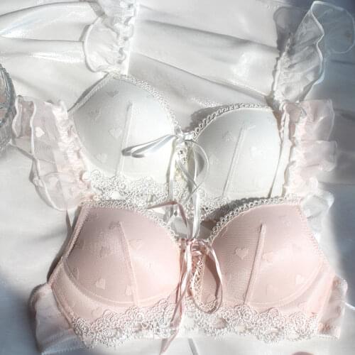 Womens Fox Gathered Blue Pink Bra Set Ruffles Butterfly Lingerie Sexy Lace Heart Mesh Lace Up Lolita Underwear Women Intimates