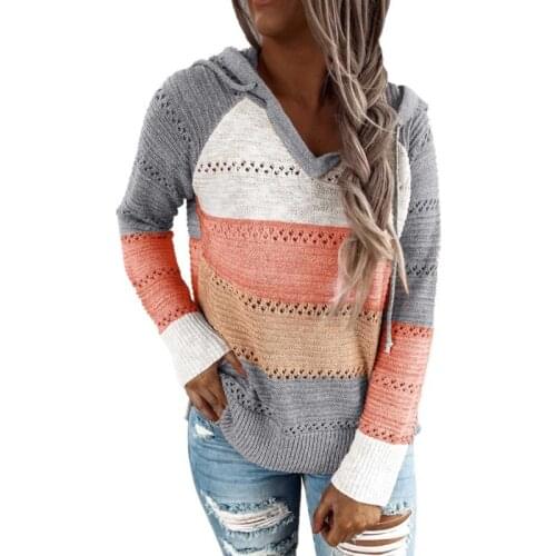 Hollow Out Women Hooded Sweater Casual Loose Striped Patchwork Knitted Pullover Spring Fall Top