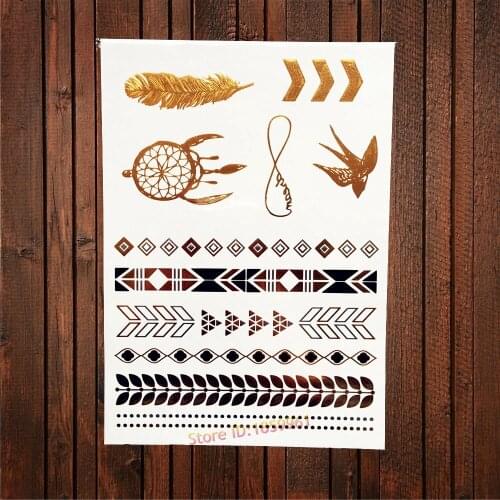 1PC Dreamcatcher Feather Gold Flash Metallic Temporary Disposable Tattoo Women Body ARm Sleeve Tattoo Sticker Adhesive AYH48