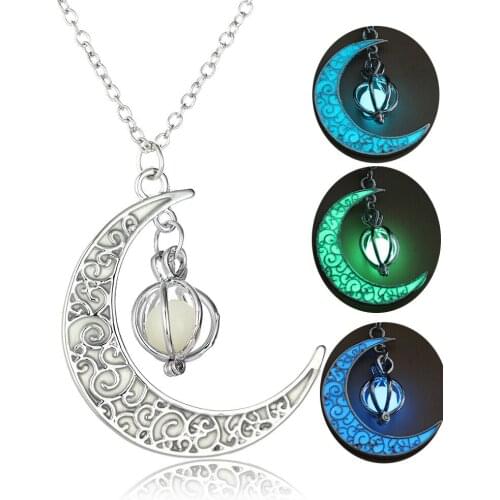 120pcs/lot Luminous Moon Shape Necklace Funcy Light In The Dark Pendant Necklace 3 Color For Choice Sweater Chain