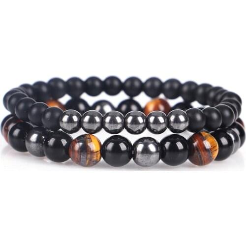 2pcs\set Handmade Tiger Eye & Hematite & Black Obsidian Stone Bead Bracelet Vintage Charm Round Chain Beads Bracelets Jewelry