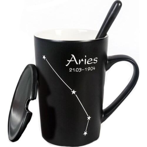 420ml Simple Twelve Constellation Coffee Drinking Cup for Mens With Lid Spoon Creative Ceramic Mug for Christmas Birthday gift