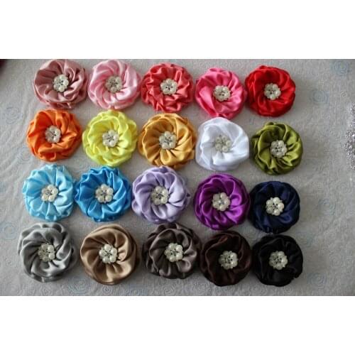 Girl hair flower Matte Satin Rolled Flower pearl rhinestone center Rose Flower for headband kids flower 7-7.5cm 500pcs