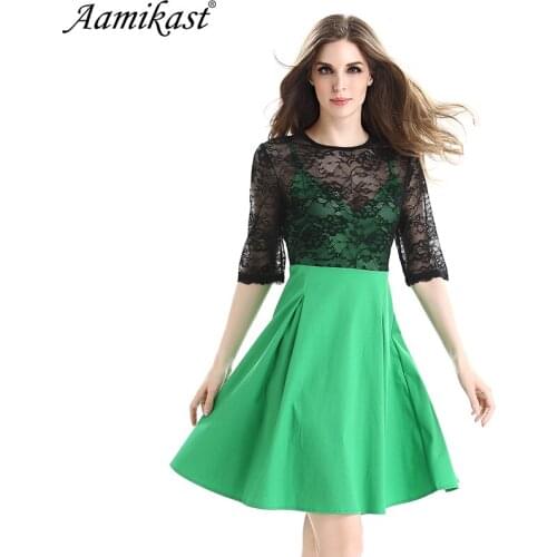 Aamikast Womens Autumn Elegant See Through Lace Patchwork O-Neck Tunic Casual Wear To Work Office Party A-Line Skater Dress
