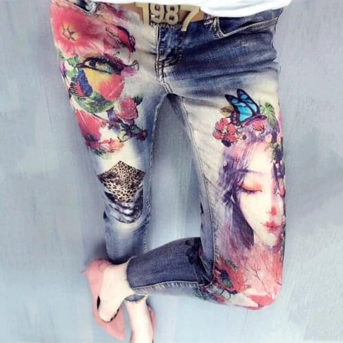 3D Flowers Pattern Painted Pencil Pants Denim Women Jeans Fashion Painted Print Jeans Woman Stretch Skinny Denim Pants Femlae