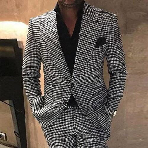 Spring/Autumn White/Black Mens Suits For Shopping 2 Pieces Smart Casual Set Houndstooth Jacket With Pants Dinner Party Blazers