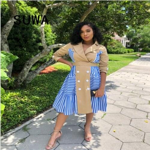 Wholesale New Style Windbreaker Striped Stitching Contrast Shirt Dress Commuter Office Pleated Fashion Women Clothing