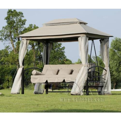 Outdoor 3 Person Patio Daybed Canopy Gazebo Swing - Tan w/ Mesh Walls hammock outdoor chair swing hammock gazebo