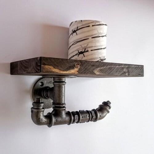 HQ P1 Bathroom Shelves Industrial Retro Iron Toilet Paper Holder Hotel Roll Paper Hanging Rack with Wooden Shelf Phone Holder