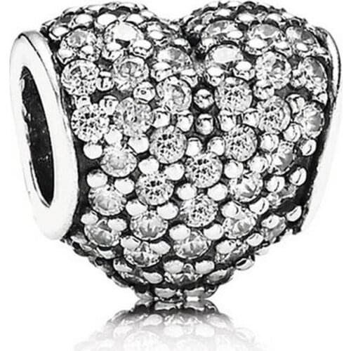 Pave Heart Charm for Women Bracelet Bangle Pave Clear CZ Bead Girl Gift Authentic S925 Silver DIY Jewelry