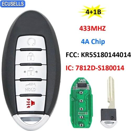 4+1/5 Button Remote Smart Car Key 433Mhz 4A Chip for Nissan Altima Maxima Pathfinder FCC ID: KR5S180144014 Uncut Blade