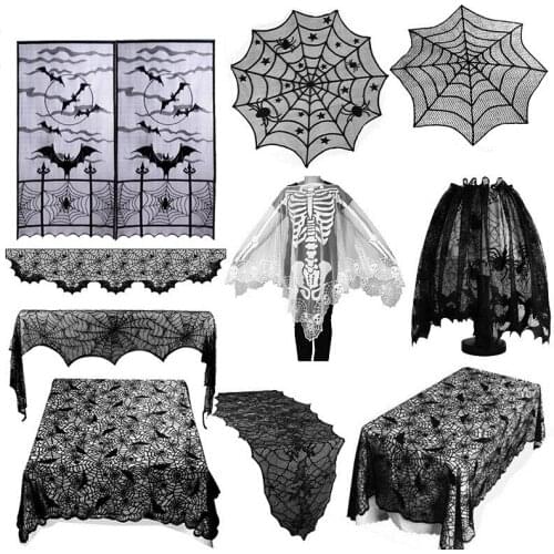 Halloween Props Black Lace Spider web Bats Curtain Tablecloth Fireplace Mantle For Halloween Theme Home Party Supply ASD147