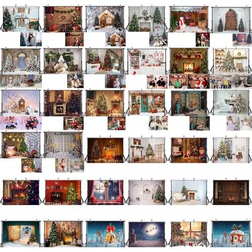 Merry Christmas Photography Backdrop Winter Family Party Background Decorations Snow Scene Fireplace Christmas Trees Photo Shoot