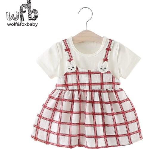 Retail 0-3 years short-sleeved girl plaid dress children summer round neck two rabbits