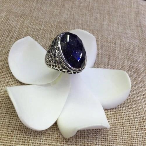 S925 Sterling Silver Retro Thai Silver Inlaid Blue Sand Stone Open Ended Flowers Hollow Exquisite Men And Women Fashion Ring