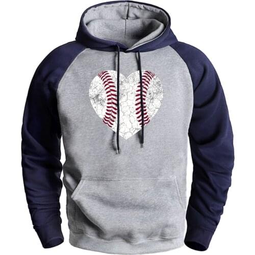 Baseball Heart Print Sweatshirt Hooded Man Long Sleeve High Quality Fleece Raglan Hooded Tracksuits Male Autumn Winter Clothing