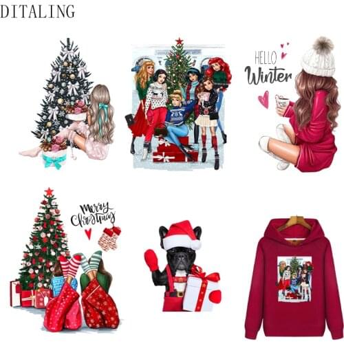 Christmas Thermotransfer For Clothes Girl DIY Patches Appliques On Hoodies Iron-On Transfer Washable Winter Stickers On Clothing