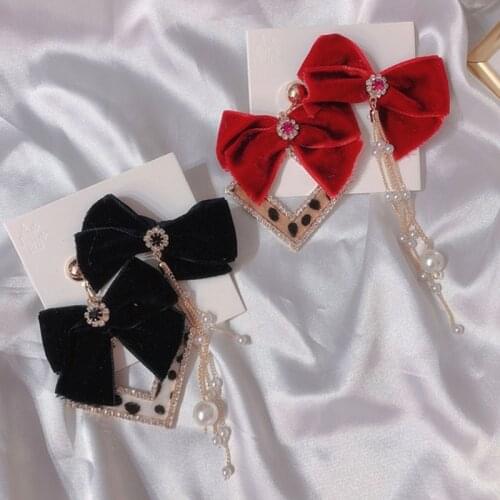 MWSONYA New Fashion Korea Velvet Ribbon Bowknot Earrings for Women Geometry Leopard Asymmetry Pearl Tassel Dangle Jewelry Gift