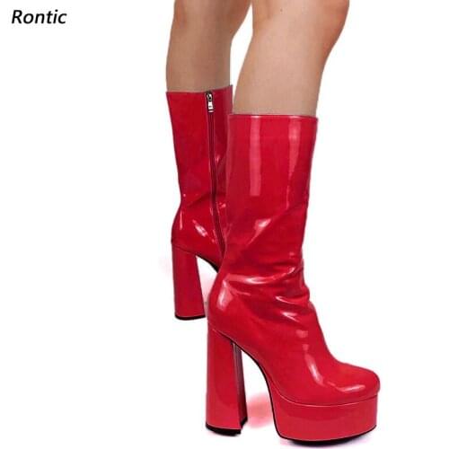 Rontic Handmade Women Winter Mid Calf Boots Platform Patent Leather Chunky Heels Round Toe Pretty Red Dress Shoes US Size 5-15