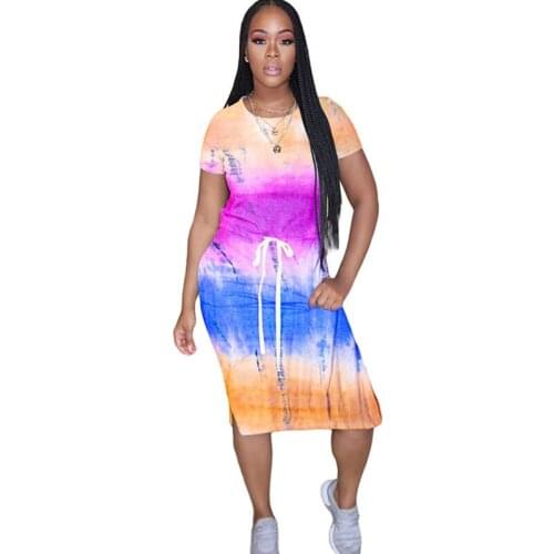 Tie Dye Print Casual Summer Dress Women O-neck Short Sleeve Drawstring Adjust Waist Bodycon Midi Dress Streetwear T-shirt Dress