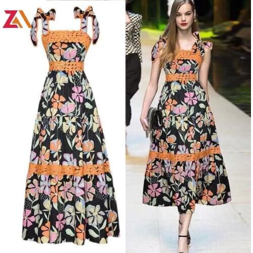 ZALady casual floral printed dress for women square collar sleeveless high waist patchwork lace up midi long dresses summer robe