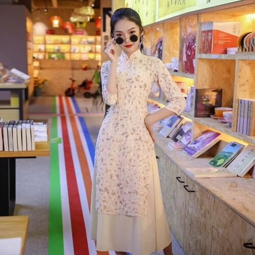 2020 Vietnam Style Elegant Lady Flower Print Oriental Qipao Half Sleeve Cheongsam Mandarin Collar Aodai Dress