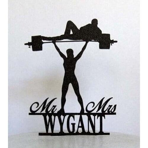 Acrylic wedding cake toppers Mr & Mrs Weight lifting Bride silhouette custom last name engagement bridal shower party tools