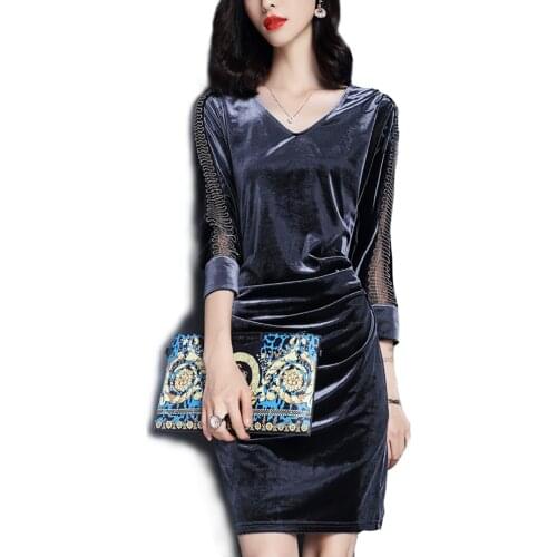 Maternity 80' 90s Retro V Neck Patchwork Velvet Sheath Bodycon Midi Formal Evening Party Dress Hollow Out Sleeve