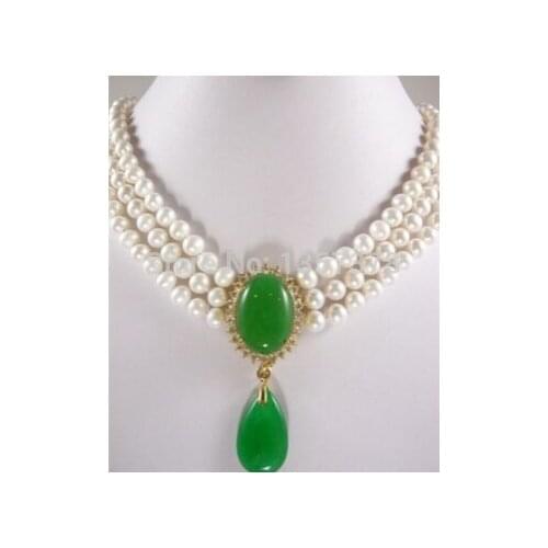 Bjc 000417 3color! 3 row 6-7mm white/pink/black pearl & green jade pendant necklace